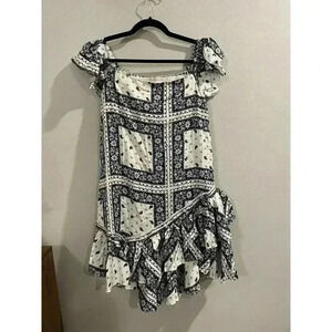 Cinq A Sept Minella Off-the-shoulder Dress Sz 6 Paisley Bandana Blue Flutter NEW
